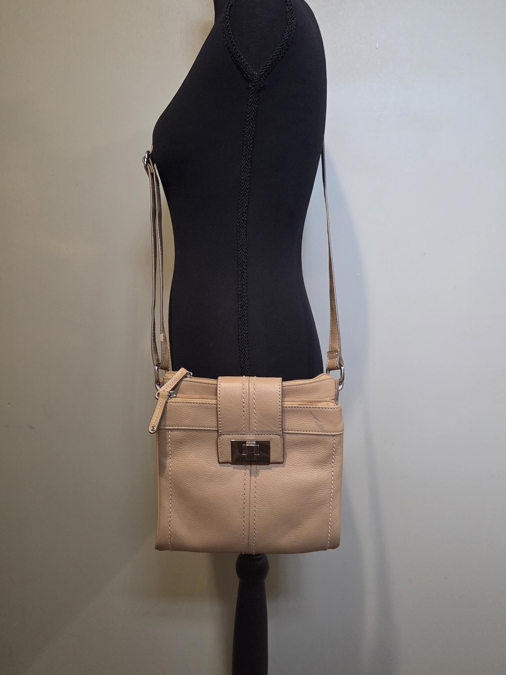 Tignanello Beige Leather Crossbody with Turn-Lock Accent